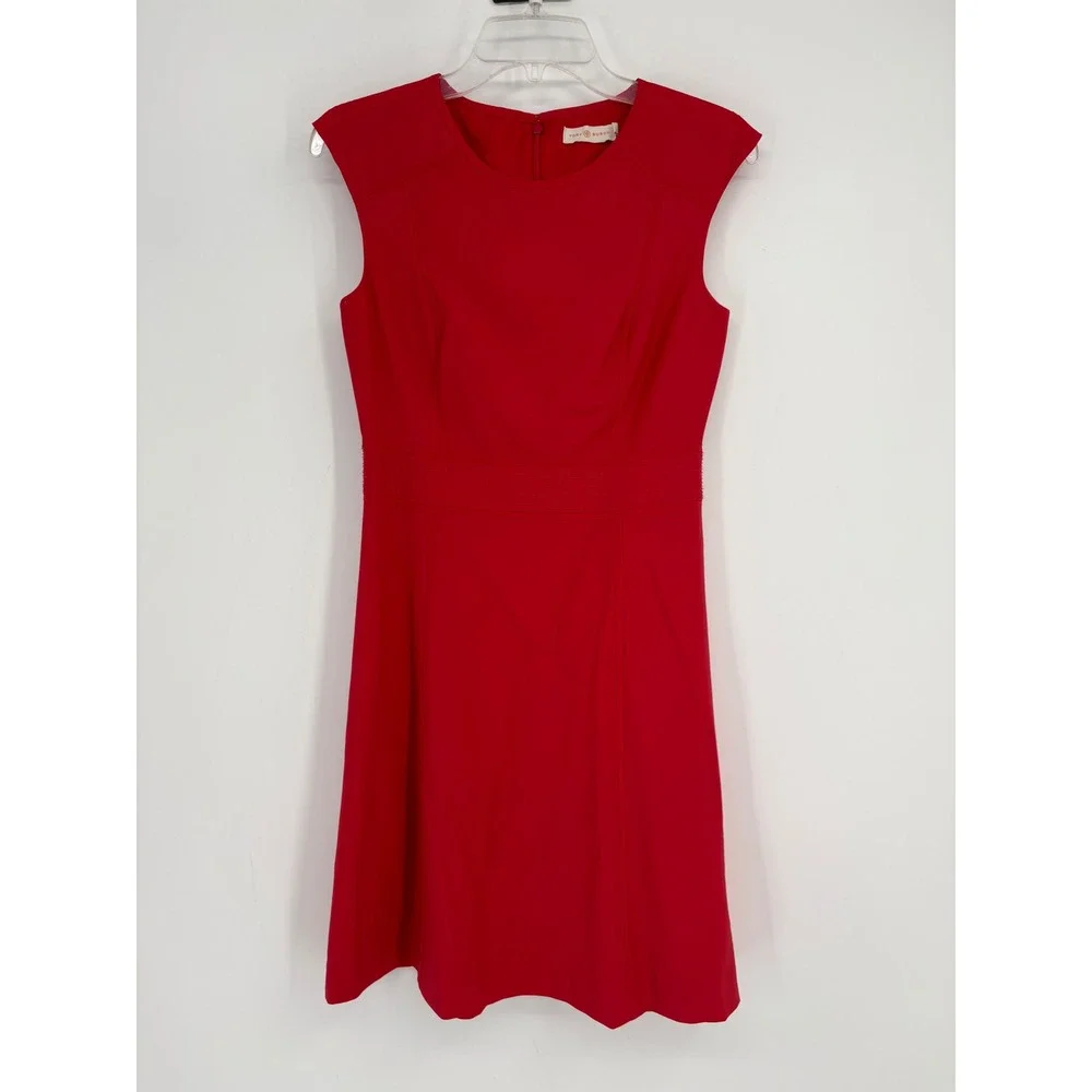 Tory‎ Burch Dress Womens 4 Red Sheath Cap Sleeve Wool Blend Structured